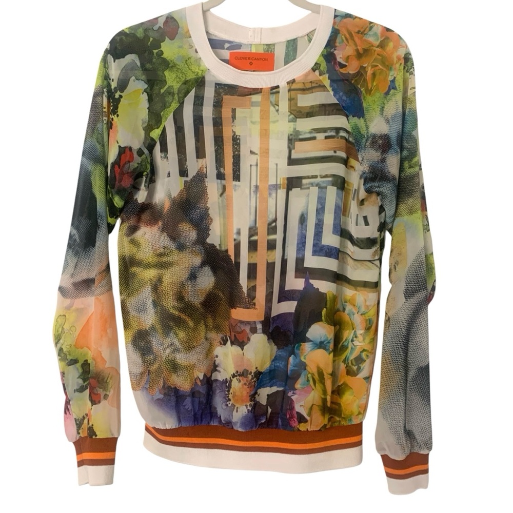 Clover Canyon XS Colorful Maximalist Floral Graphic Print Sheer Pullover Top